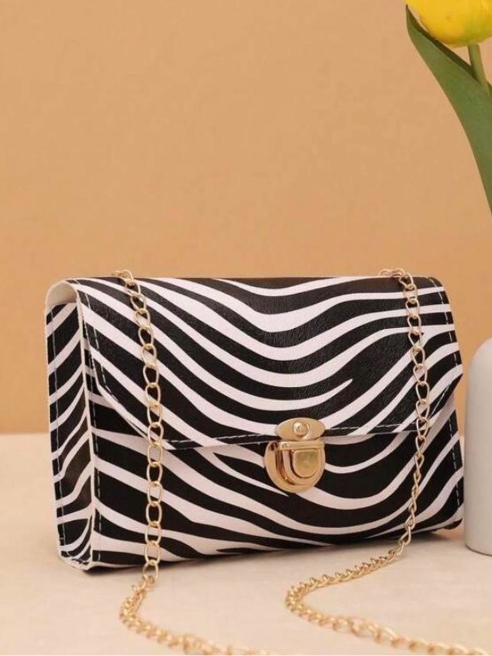 Zebra Print Crossbody Bag with Gold Chain